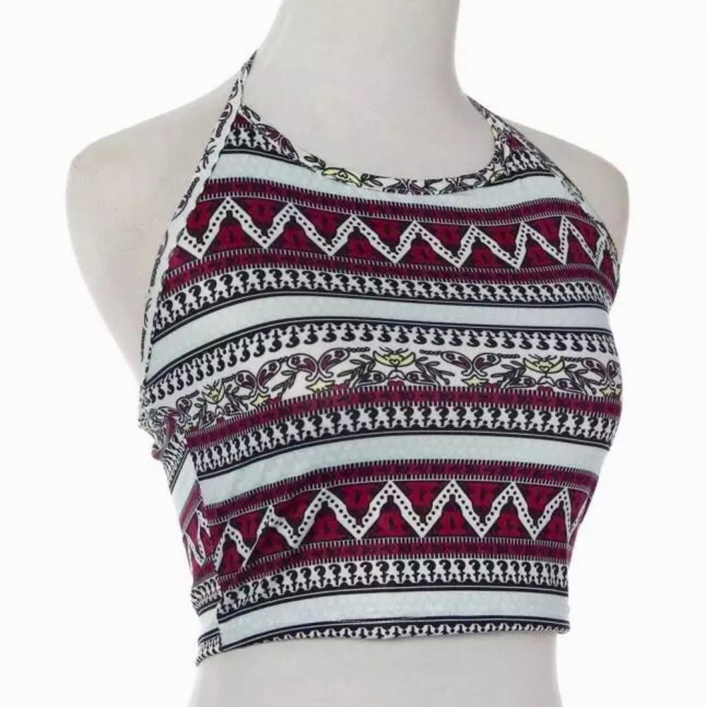 ☀️Sale Blue Red Aztec Print Halter Top Crop - Picture 3 of 6